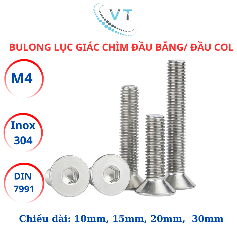 Set 10 con Bulong lục giác đầu col, lục giác đầu bằng Inox304 M4 (4li) dài từ 10mm - 30mm.