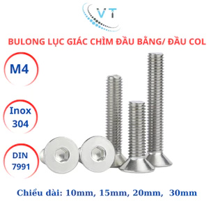Set 10 con Bulong lục giác đầu col, lục giác đầu bằng Inox304 M4 (4li) dài từ 10mm - 30mm.