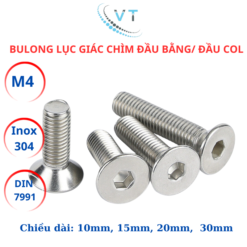 Set 10 con Bulong lục giác đầu col, lục giác đầu bằng Inox304 M4 (4li) dài từ 10mm - 30mm.