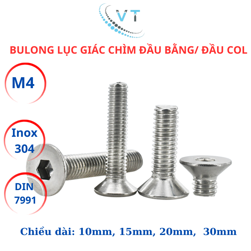 Set 10 con Bulong lục giác đầu col, lục giác đầu bằng Inox304 M4 (4li) dài từ 10mm - 30mm.
