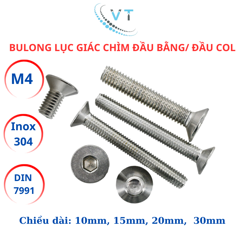 Set 10 con Bulong lục giác đầu col, lục giác đầu bằng Inox304 M4 (4li) dài từ 10mm - 30mm.