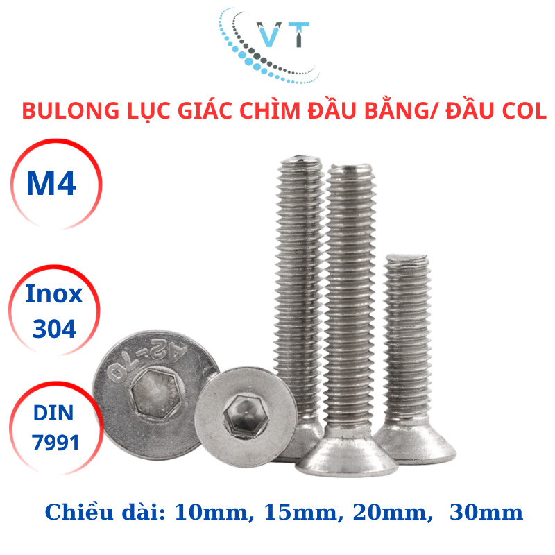 Set 10 con Bulong lục giác đầu col, lục giác đầu bằng Inox304 M4 (4li) dài từ 10mm - 30mm.