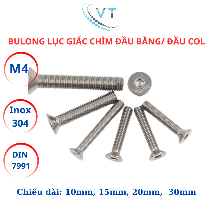 Set 10 con Bulong lục giác đầu col, lục giác đầu bằng Inox304 M4 (4li) dài từ 10mm - 30mm.