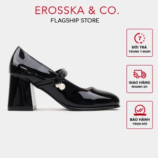Erosska - Giày cao gót nữ mũi tròn đính hạt ngọc kiểu dáng sang trọng màu đen cao 7cm - EP017