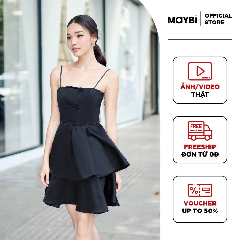 MAYBI Đầm mini xòe phi tapta phối nơ trang trí
