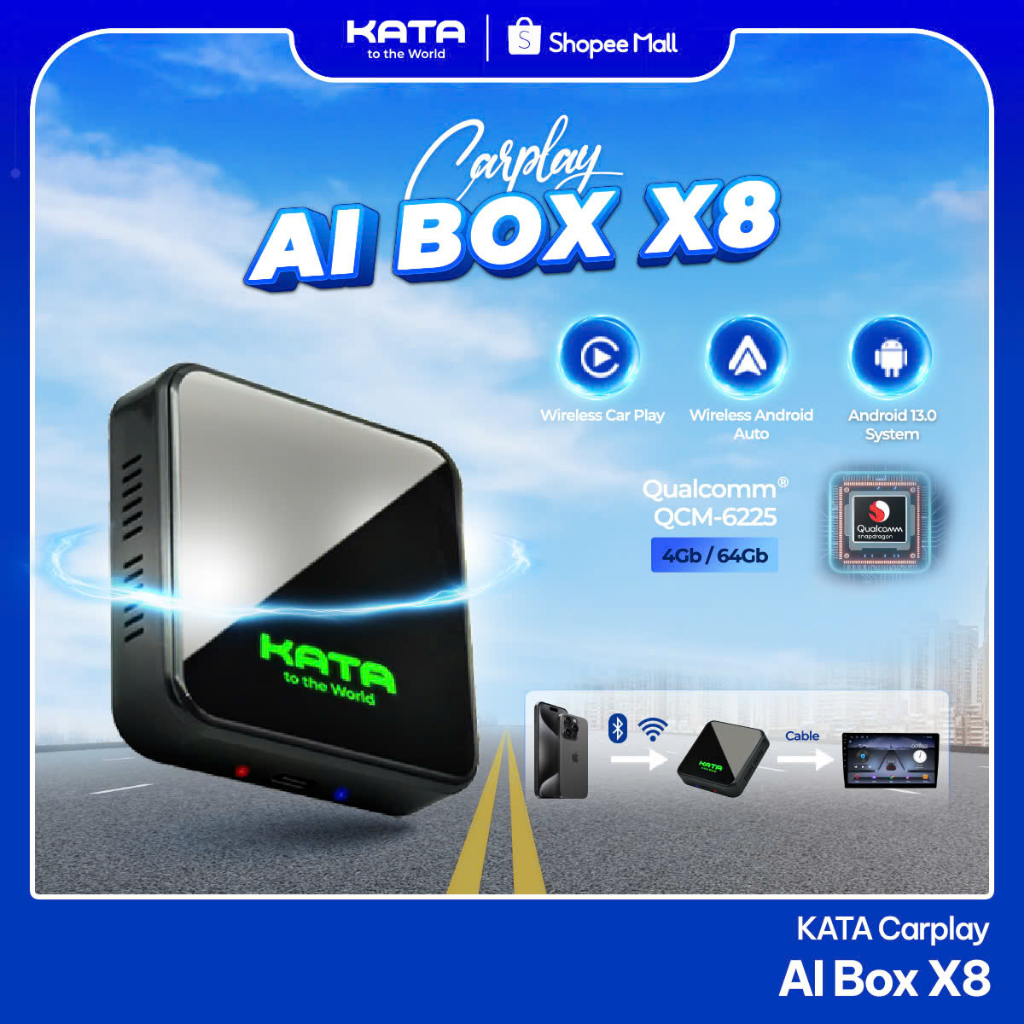 Bộ Carplay Android AI Box KATA chính hãng dành cho ô tô, Chip Qualcomm 6225, hệ điều hành Android 13, kết nối linh hoạt