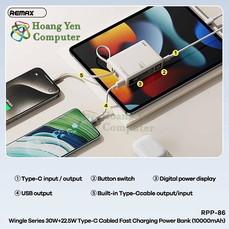 [Có CCC] Sạc Dự Phòng Mini Remax RPP-86 10000Mah (Sạc Nhanh QC3.0, VOOC 2.0), Tích Hợp Cáp Sạc Type C - BH 1 Năm