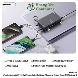 [Có CCC]  Sạc Dự Phòng Mini Remax RPP-87 20000Mah (Sạc Nhanh 65W, QC3.0, VOOC 2.0), Tích Hợp Cáp Type C - Hoàng Yến