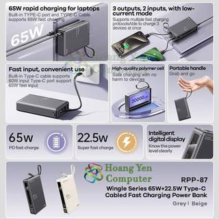 [Có CCC]  Sạc Dự Phòng Mini Remax RPP-87 20000Mah (Sạc Nhanh 65W, QC3.0, VOOC 2.0), Tích Hợp Cáp Type C - Hoàng Yến