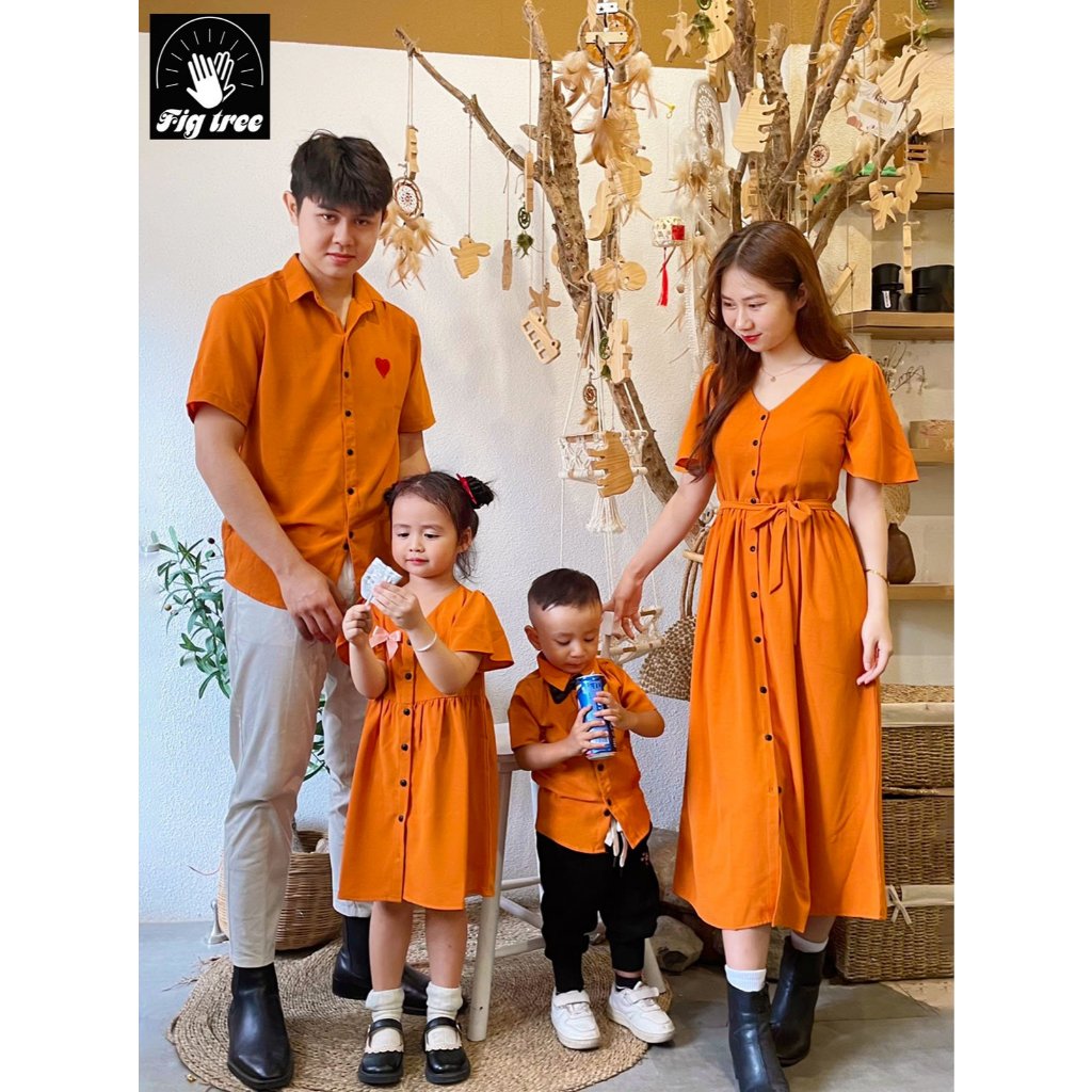 Combo Gia Đình Fig Tree Sơ Mi Nam Váy Nữ Màu Cam Đũi Tươi Sáng Đi Tiệc - Du Lịch - Chụp Hình