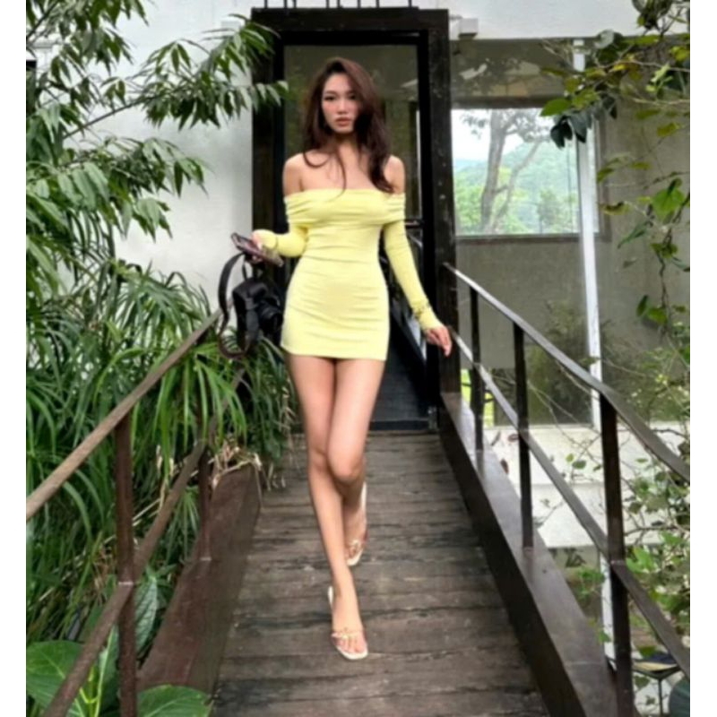 Váy Body Dài Tay Trễ Vai Trơn Siêu Xinh Chất Cotton Dày Dặn Tôn 3 Vòng, Đầm Bệt Vai Sexy Sang Trọng Đi Chơi Đi Tiệc