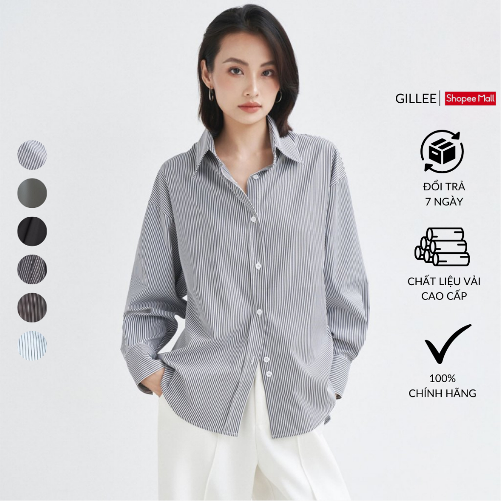 Ảnh Áo sơ mi nữ GILLEE dáng oversized, sơ mi form rộng vải kate Mỹ tone đen và xám sang trọng, cuốn hút 1
