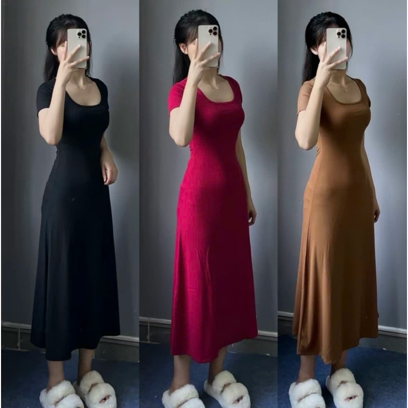 Đầm cổ chữ U tay ngắn dáng xòe dài tôn dáng mã bán siêu chạy