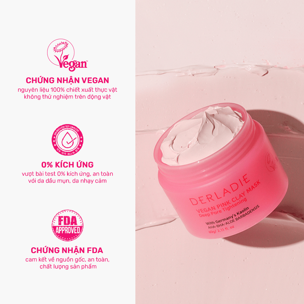Ảnh (KOL) Mặt Nạ Đất Sét Hút Dầu Kiểm Soát Nhờn 12H Derladie Vegan Pink Clay Mask Deep Pore Tightening 3