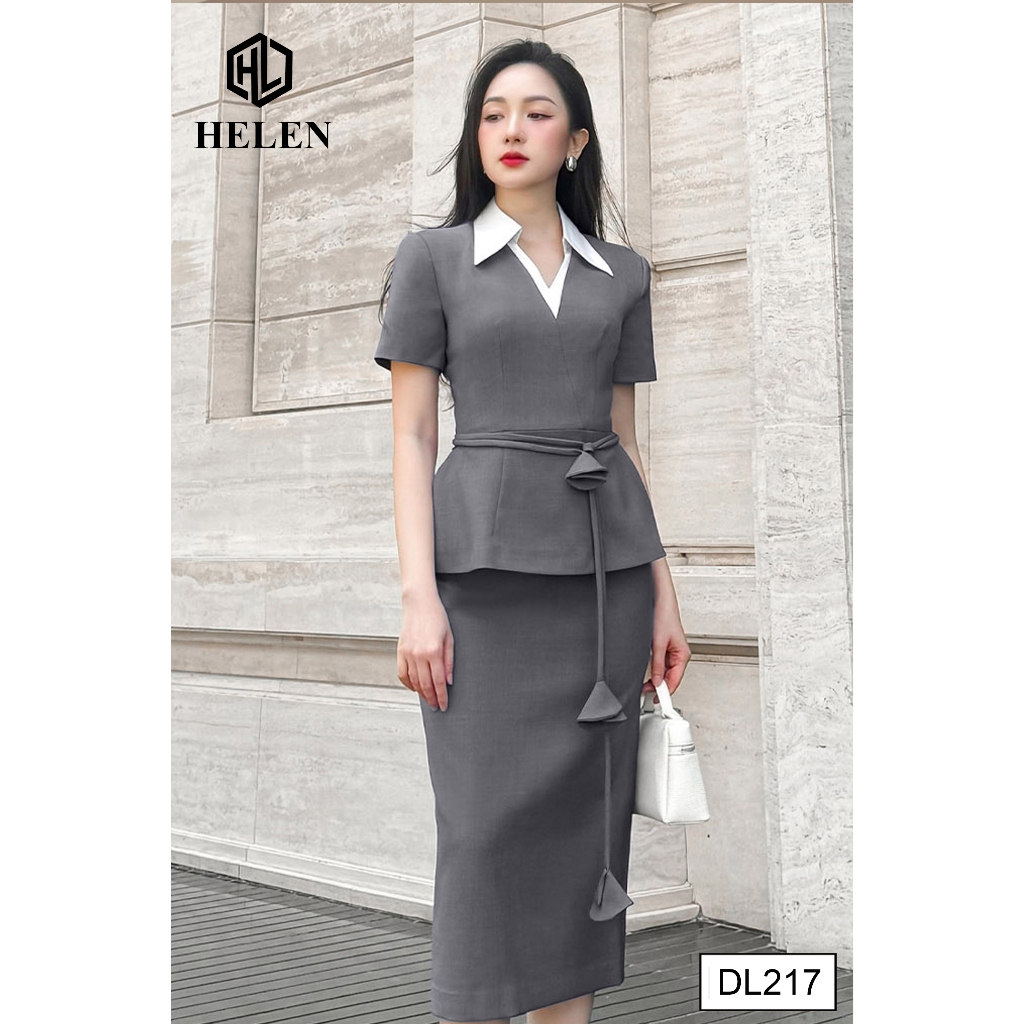 Đầm công sở HELEN thiết kế dáng ôm peplum màu ghi phối cổ đức trắng DL217