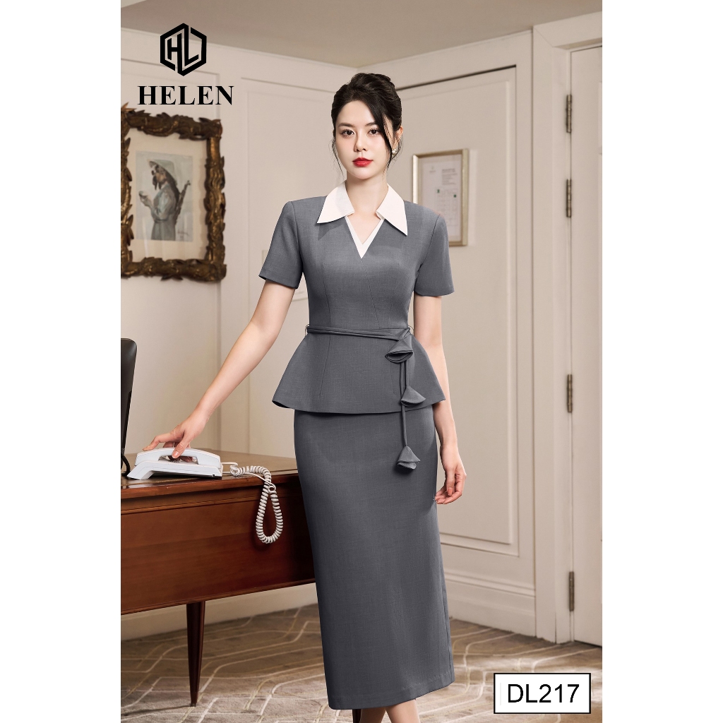 Đầm công sở HELEN thiết kế dáng ôm peplum màu ghi phối cổ đức trắng DL217