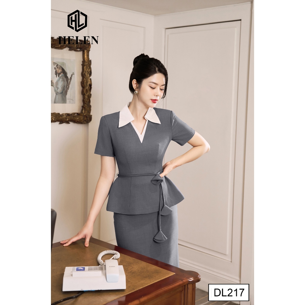 Đầm công sở HELEN thiết kế dáng ôm peplum màu ghi phối cổ đức trắng DL217