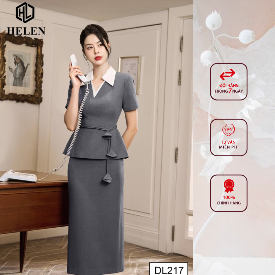 Đầm công sở HELEN thiết kế dáng ôm peplum màu ghi phối cổ đức trắng DL217
