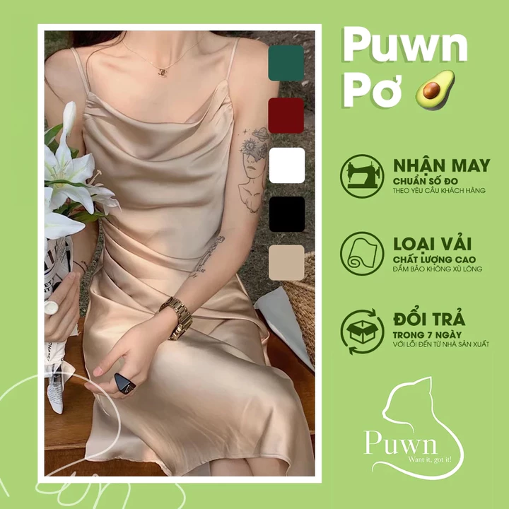Váy lụa hai dây vạt chéo xếp li eo dự tiệc, prom quyến rũ, bí ẩn, sexy - Puwn Pơ🥑