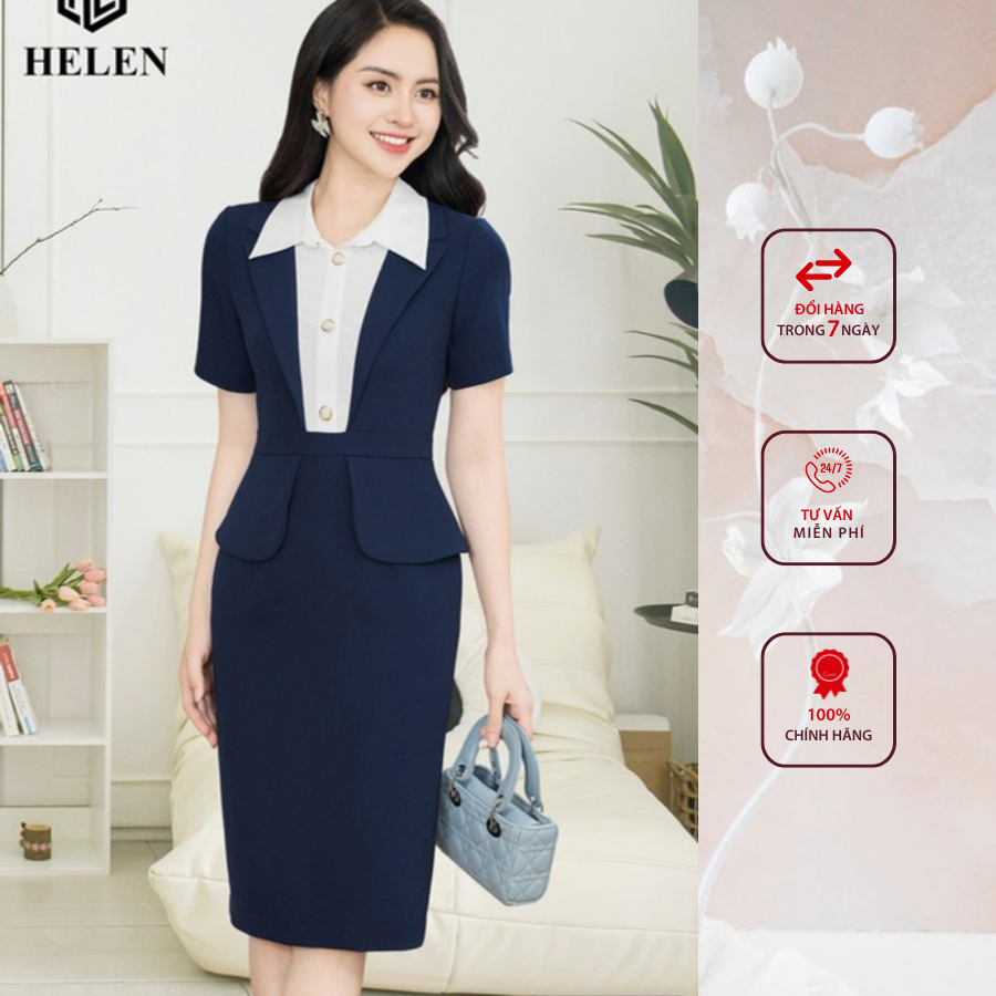 Đầm công sở HELEN thiết kế dáng ôm xanh than phối trắng cổ đức thiết kể giả set DL216