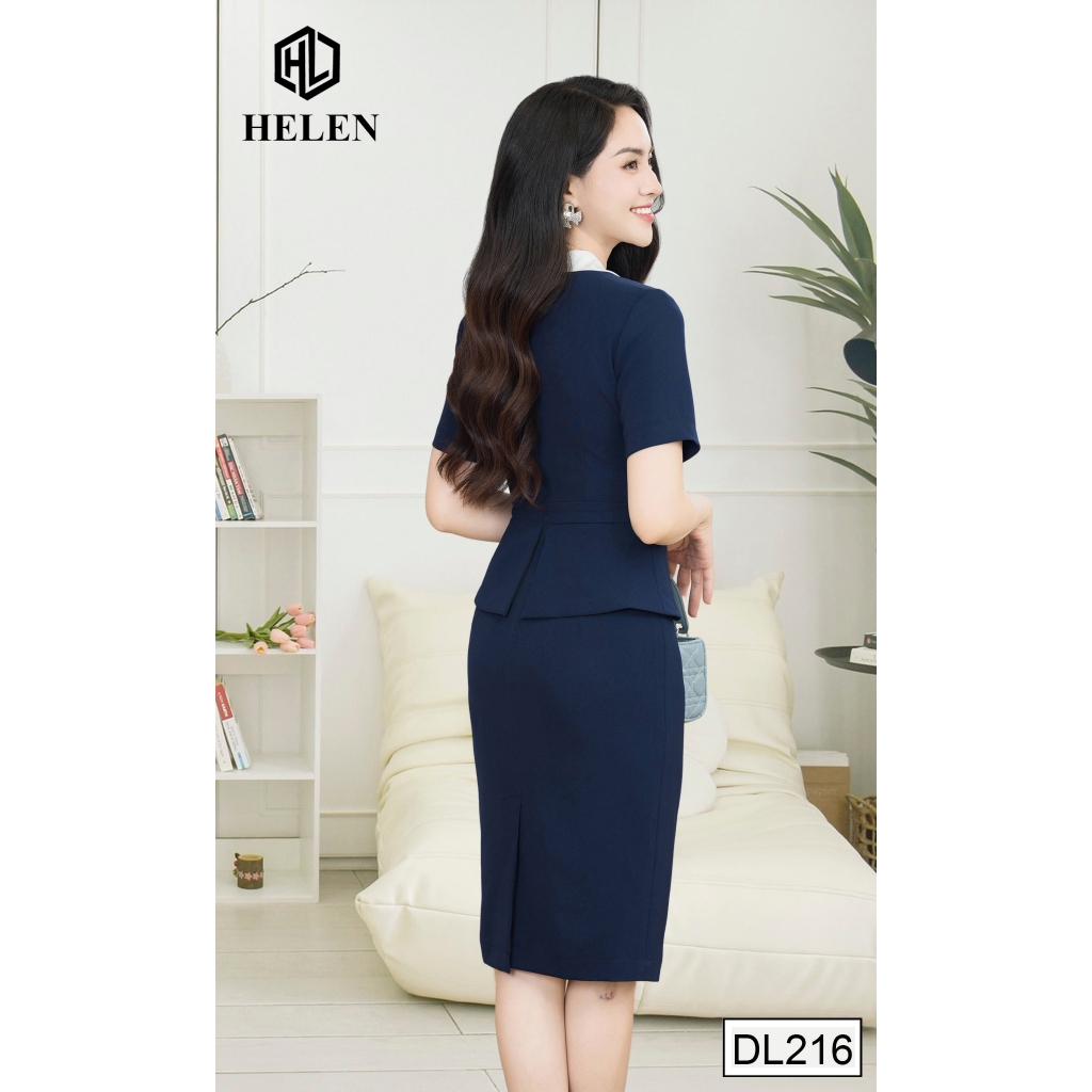 Đầm công sở HELEN thiết kế dáng ôm xanh than phối trắng cổ đức thiết kể giả set DL216