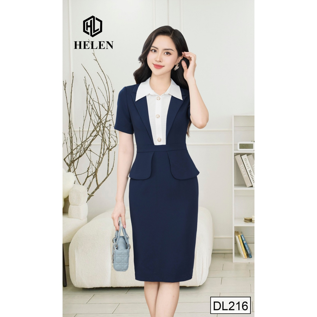 Đầm công sở HELEN thiết kế dáng ôm xanh than phối trắng cổ đức thiết kể giả set DL216