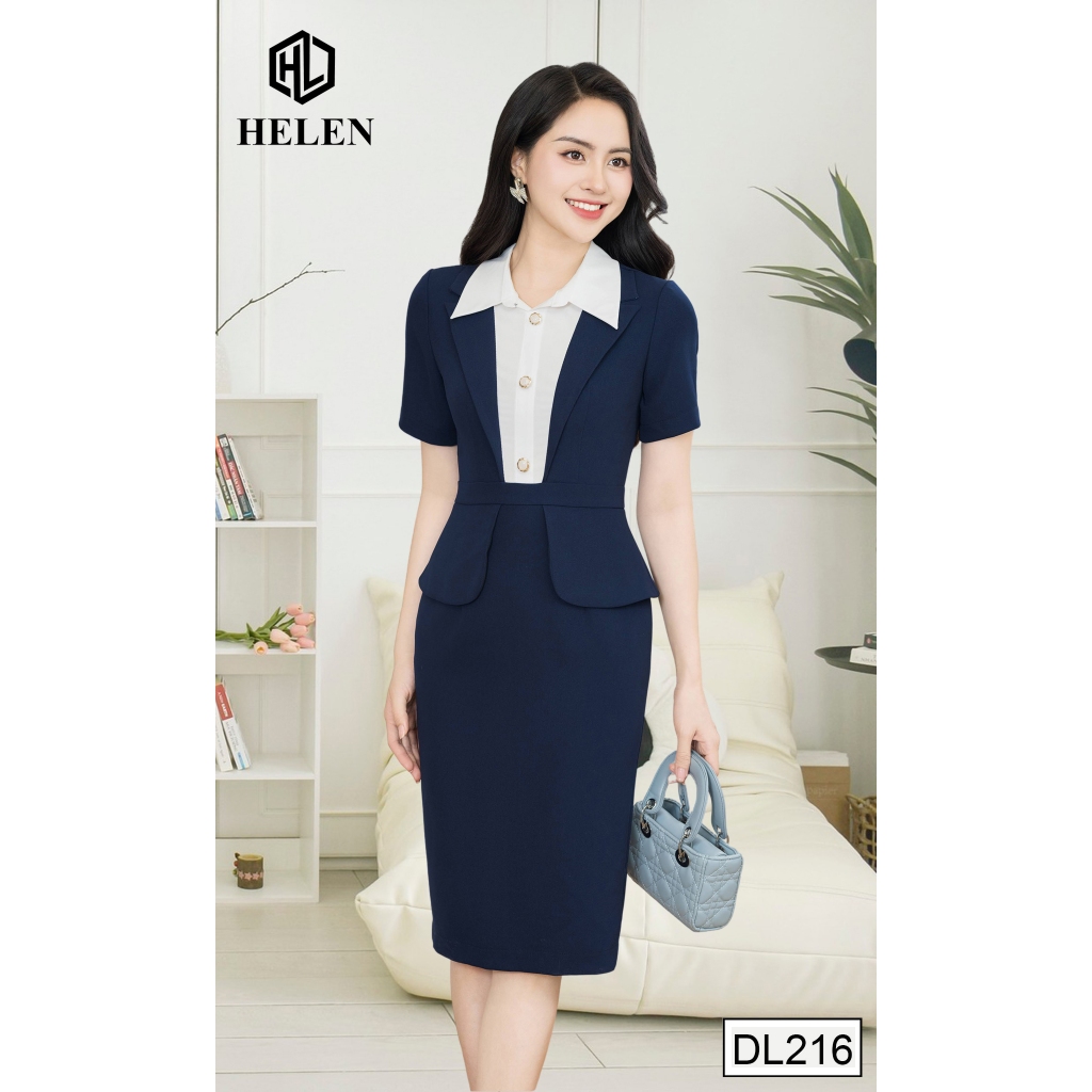 Đầm công sở HELEN thiết kế dáng ôm xanh than phối trắng cổ đức thiết kể giả set DL216