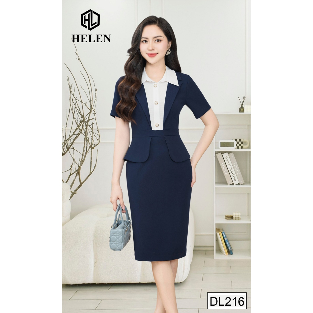 Đầm công sở HELEN thiết kế dáng ôm xanh than phối trắng cổ đức thiết kể giả set DL216