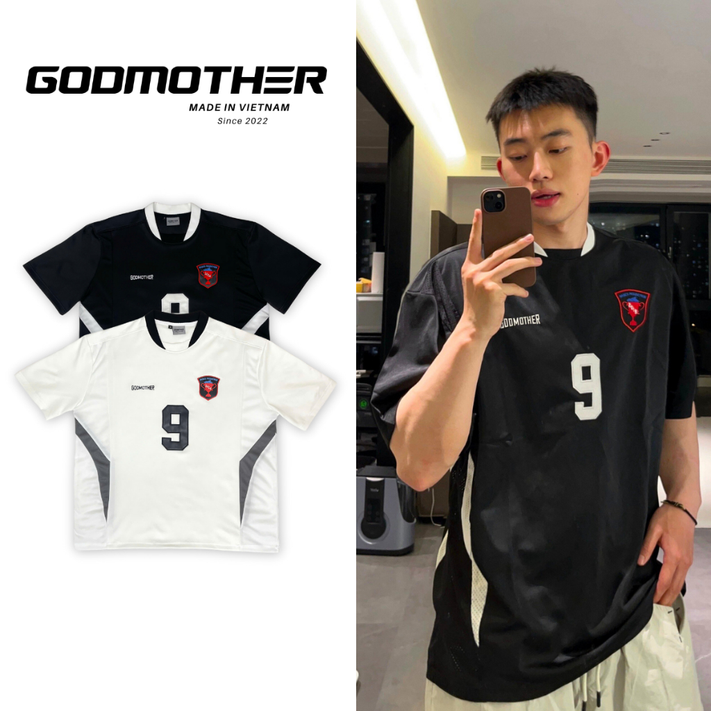 Áo Thun Jersey Số 9 GODMOTHER Áo Thun Thể Thao Thêu Đắp Da Nổi Nam Nữ Unisex Streetwear Năng Động