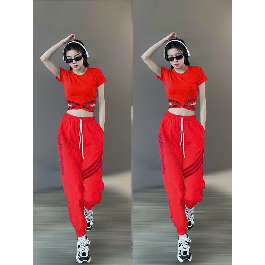 Bộ thể thao croptop vạt chéo quần dài chất thun co giãn tập gym, zumba, erobic...