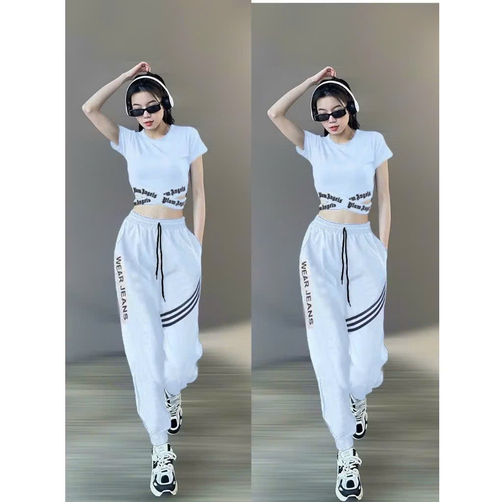 Bộ thể thao croptop vạt chéo quần dài chất thun co giãn tập gym, zumba, erobic...