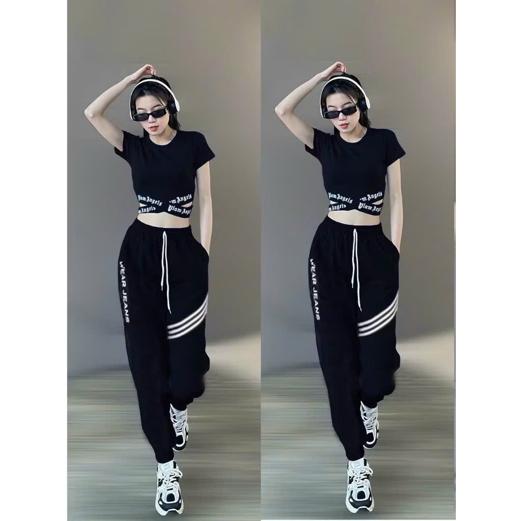Bộ thể thao croptop vạt chéo quần dài chất thun co giãn tập gym, zumba, erobic...