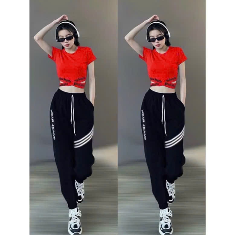 Bộ thể thao croptop vạt chéo quần dài chất thun co giãn tập gym, zumba, erobic...