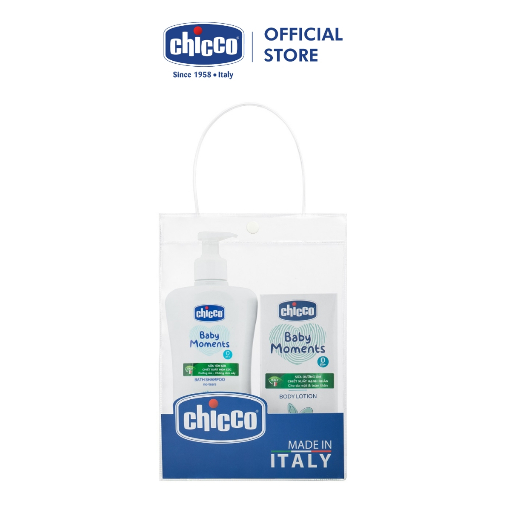 (Tặng túi đựng) Combo Chicco mềm mịn 2 (Sữa tắm gội Hoa cúc 500ml & Sữa dưỡng ẩm hạnh nhân)