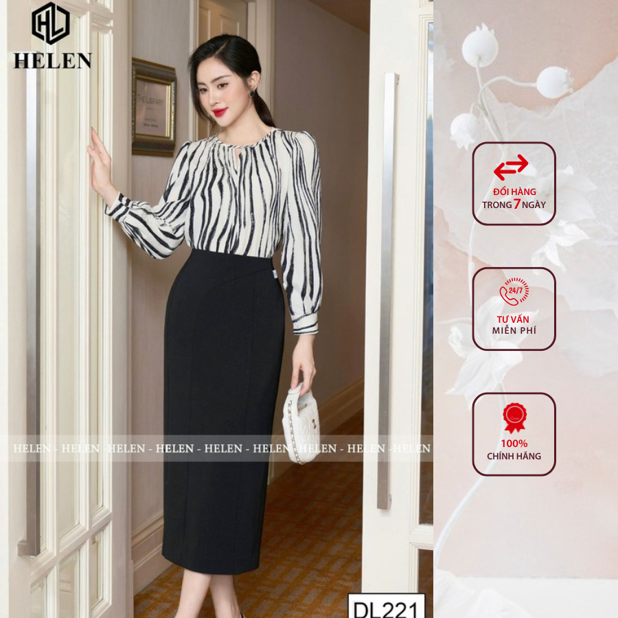 Đầm công sở HELEN thiết kế dáng ôm họa tiết đen trắng phối chân đen tay dài DL221