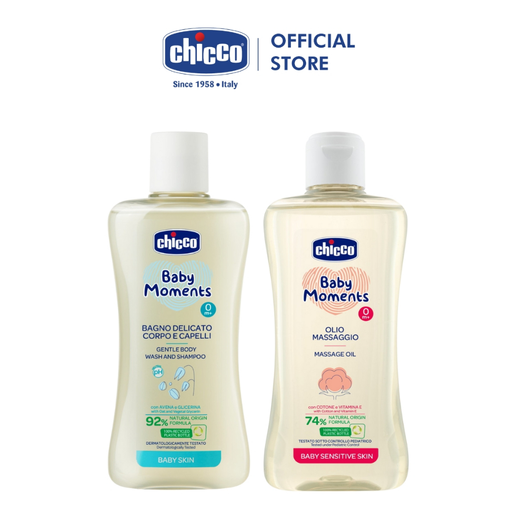 (Tặng túi đựng) Combo Chicco mềm mịn 5 (Sữa tắm gội Yến mạch 200ml & Dầu mát-xa Hạt Bông)
