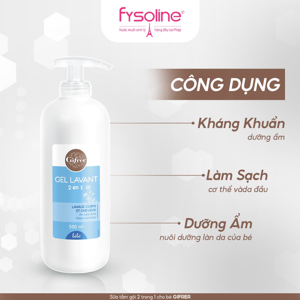 Sữa Tắm Gội 2 trong 1 cho bé Gifrer 500ml - Tinh chất Cúc Vạn Thọ Kháng khuẩn tăng cường độ ẩm - Fysoline