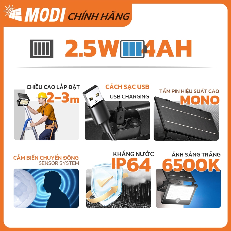 Ảnh Đèn Pha Led Cảm Biến Chuyển Động Ngoài Trời Năng Lượng Mặt Trời MODI SOLAR Có Cổng Sạc USB 3