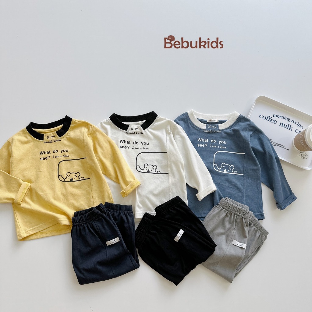 Set bộ dài tay bé trai thu đông hoạ tiết gấu cute, chất vải cotton mềm mịn co giãn Miniumbaby SB2045