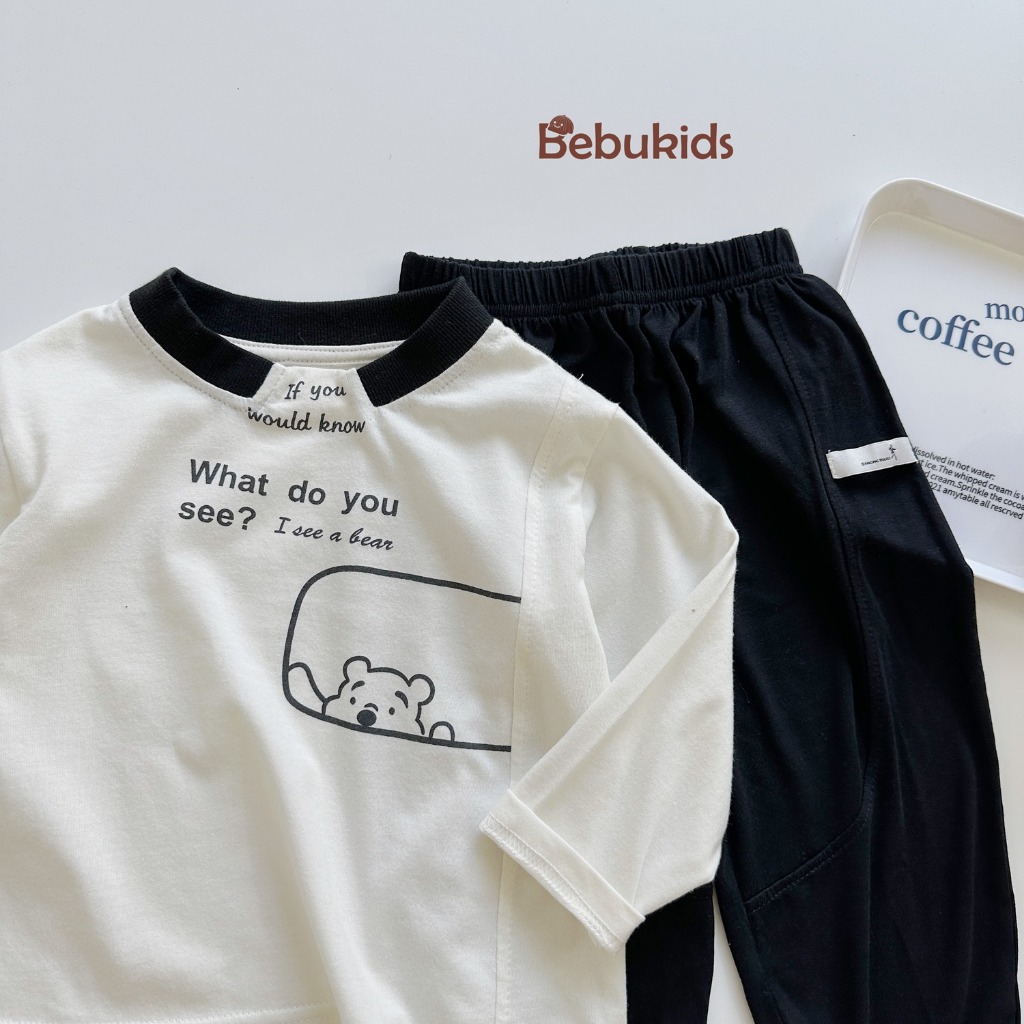 Set bộ dài tay bé trai thu đông hoạ tiết gấu cute, chất vải cotton mềm mịn co giãn Miniumbaby SB2045