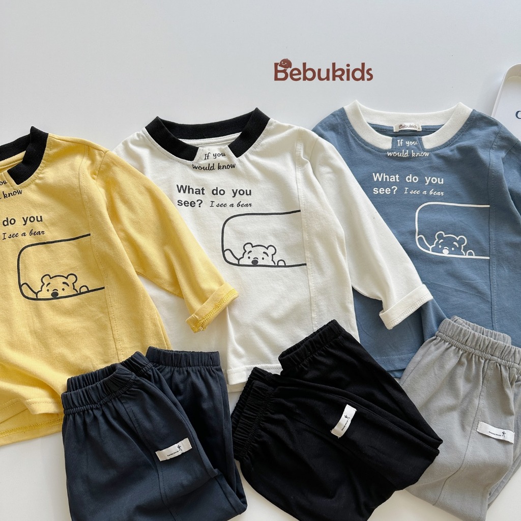 Set bộ dài tay bé trai thu đông hoạ tiết gấu cute, chất vải cotton mềm mịn co giãn Miniumbaby SB2045
