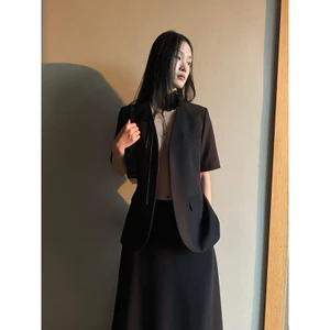 ÁO BLAZER NỮ NGẮN TAY KHÔNG CỔ KÈM CHÂN VÁY ĐEN CÔNG SỞ DÀI [MAY THEO SỐ ĐO]