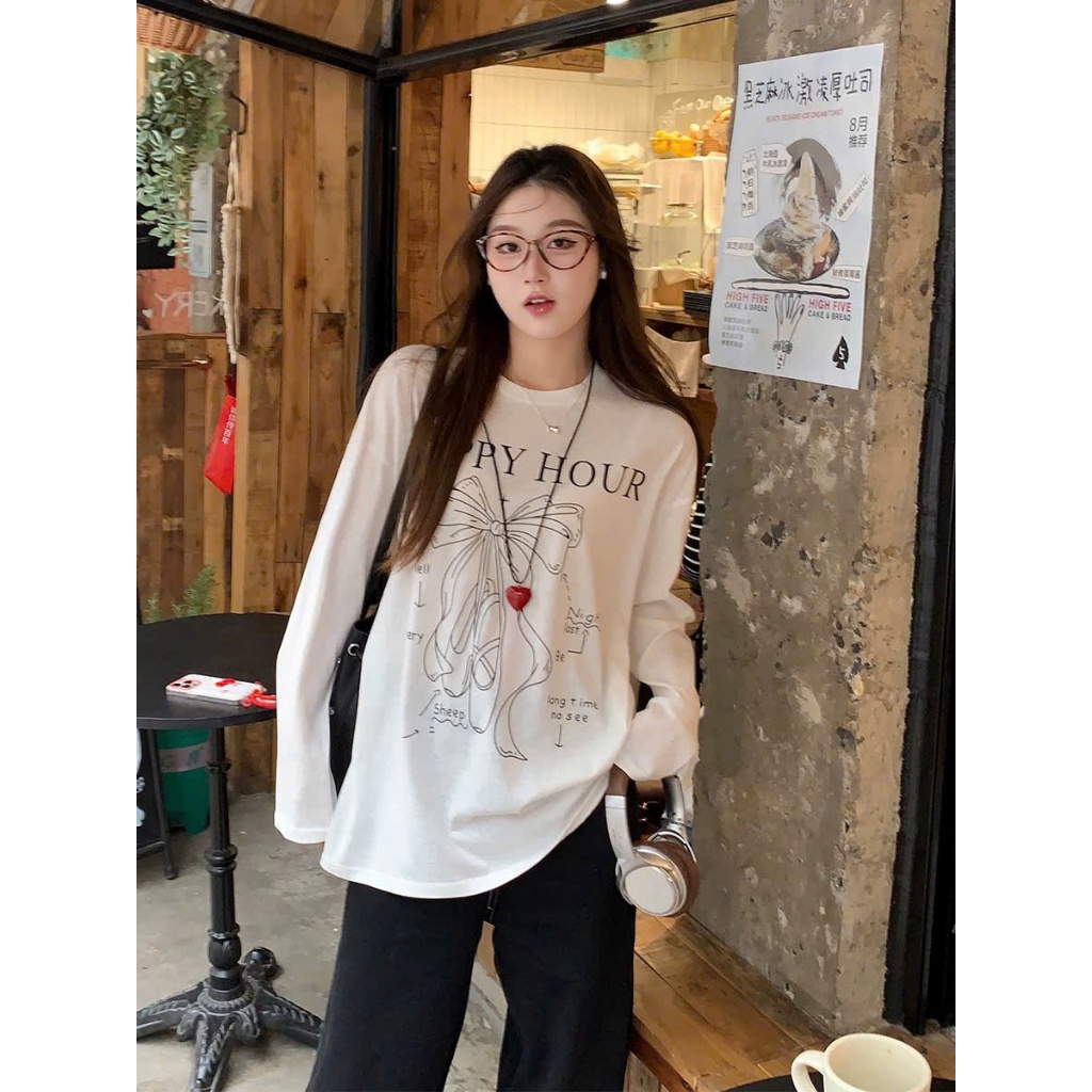 BST Thu Đông ÁO dài tay xượt phom rộng in hình cá tính JULYFASHION, Áo thun nữ tay dài chất thun xượt dáng dài rộng