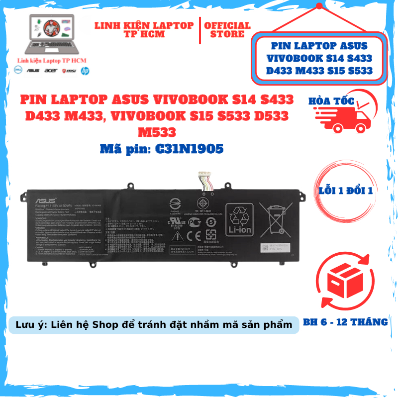 Batteria Per Asus VivoBook S13 S14 S15 Ecc. - 50Wh, 11.55V, Compatibile Con C31N1905, Litio Polimero