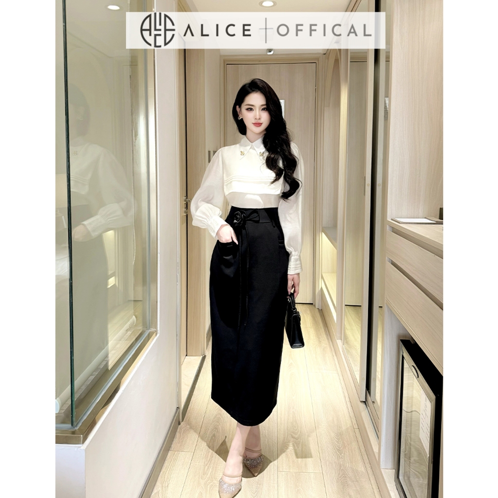 Ảnh Set Áo Sơ Mi Dài Tay Tơ Óng Có Yếm Và Chân Váy Dáng Dài Alice Chất Mango Eo Thắt Hoa Thanh Lịch Công Sở S708 2