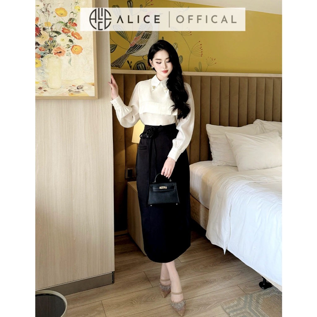 Ảnh Set Áo Sơ Mi Dài Tay Tơ Óng Có Yếm Và Chân Váy Dáng Dài Alice Chất Mango Eo Thắt Hoa Thanh Lịch Công Sở S708 3