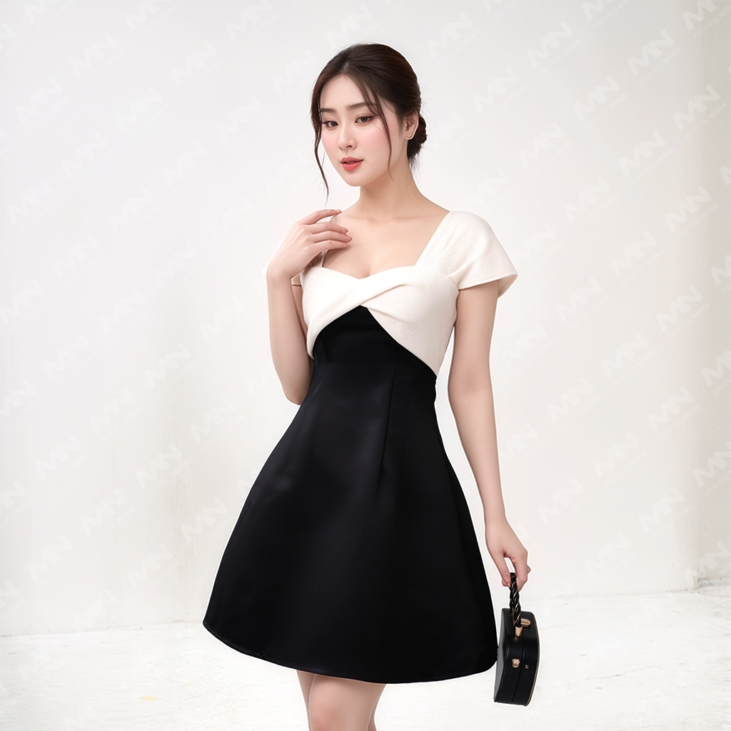 Ảnh Đầm nữ MINA dáng xoè ngắn chất Taffeta phối nơ ngực tơ gân sang trọng dự tiệc, đi chơi, công sở MN187 1