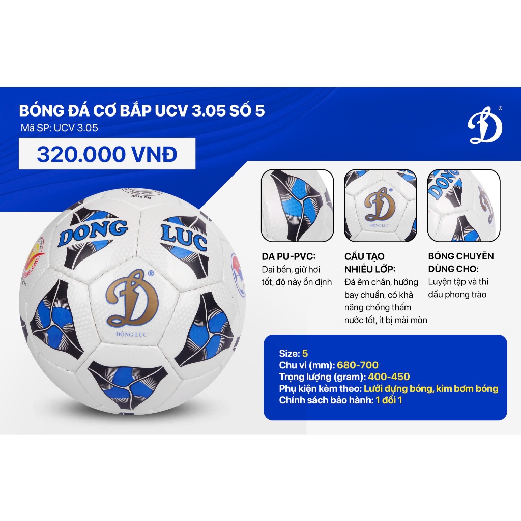 Ảnh Quả bóng đá Động Lực UCV 3.05 size 5, bóng đá chính hãng tặng kèm phụ kiện kim bơm, lưới đựng 3