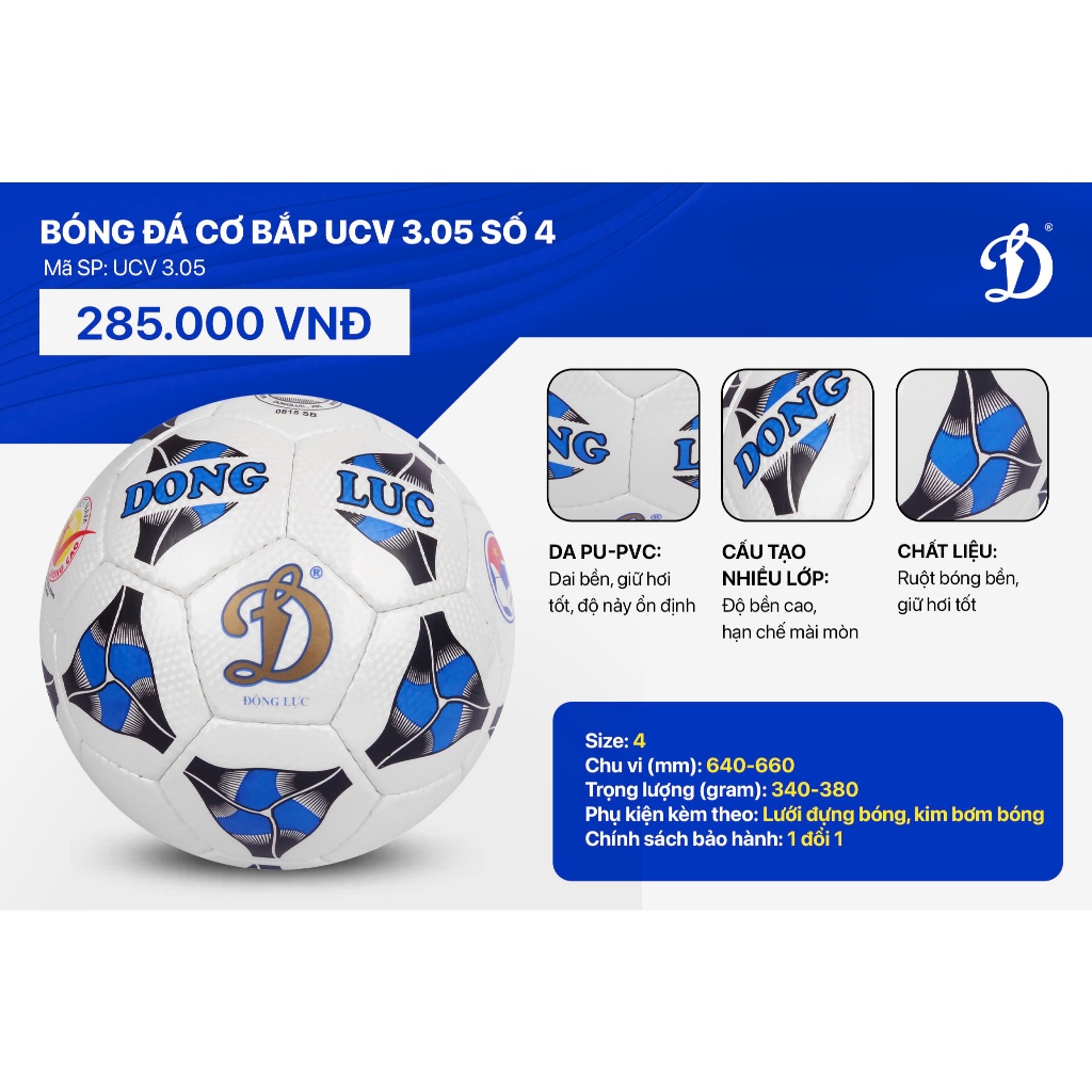Ảnh Quả bóng đá Động Lực UCV 3.05 size 5, bóng đá chính hãng tặng kèm phụ kiện kim bơm, lưới đựng 2
