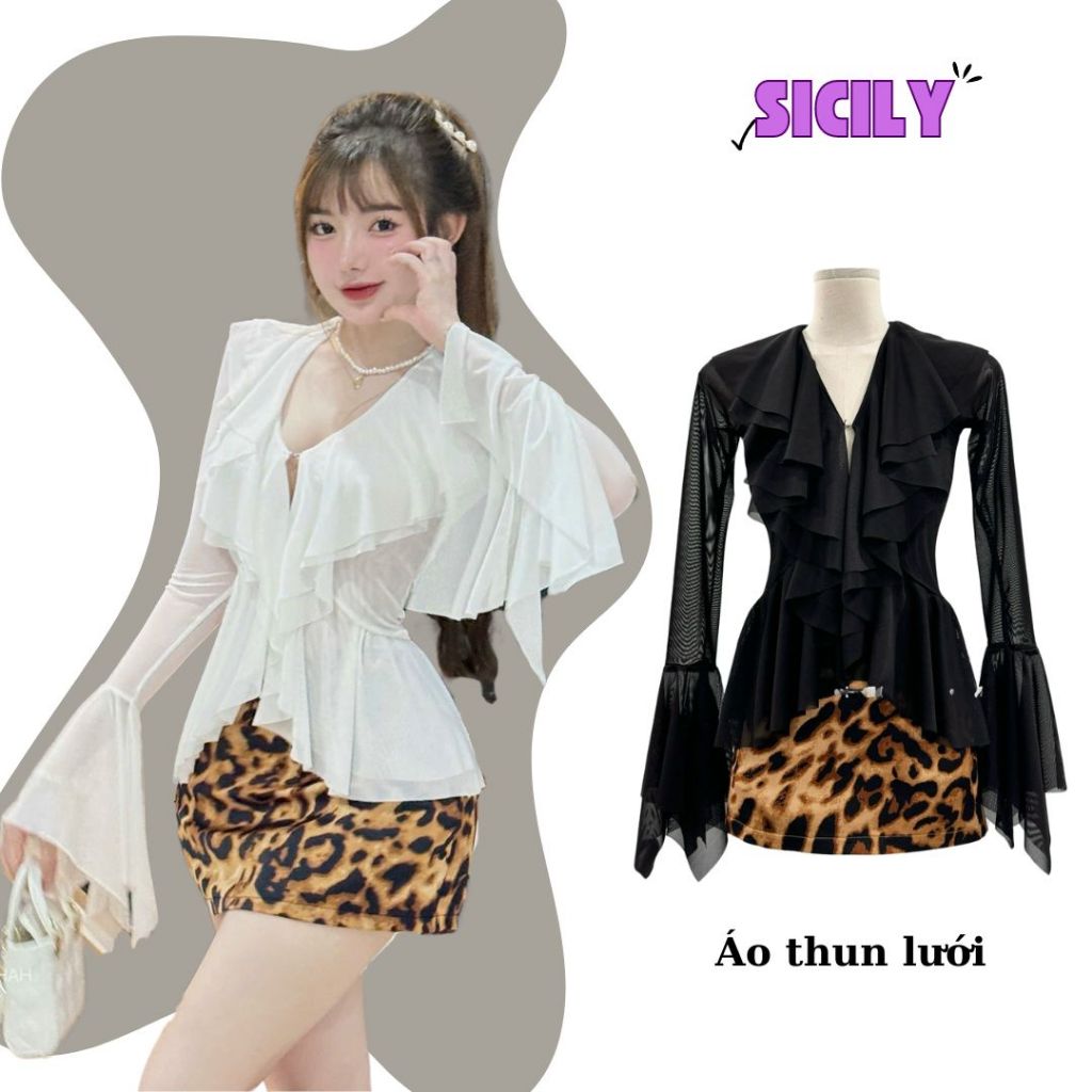 Áo thun lưới tay dài Sicily tay loe cổ bèo sang chảnh ATL1006